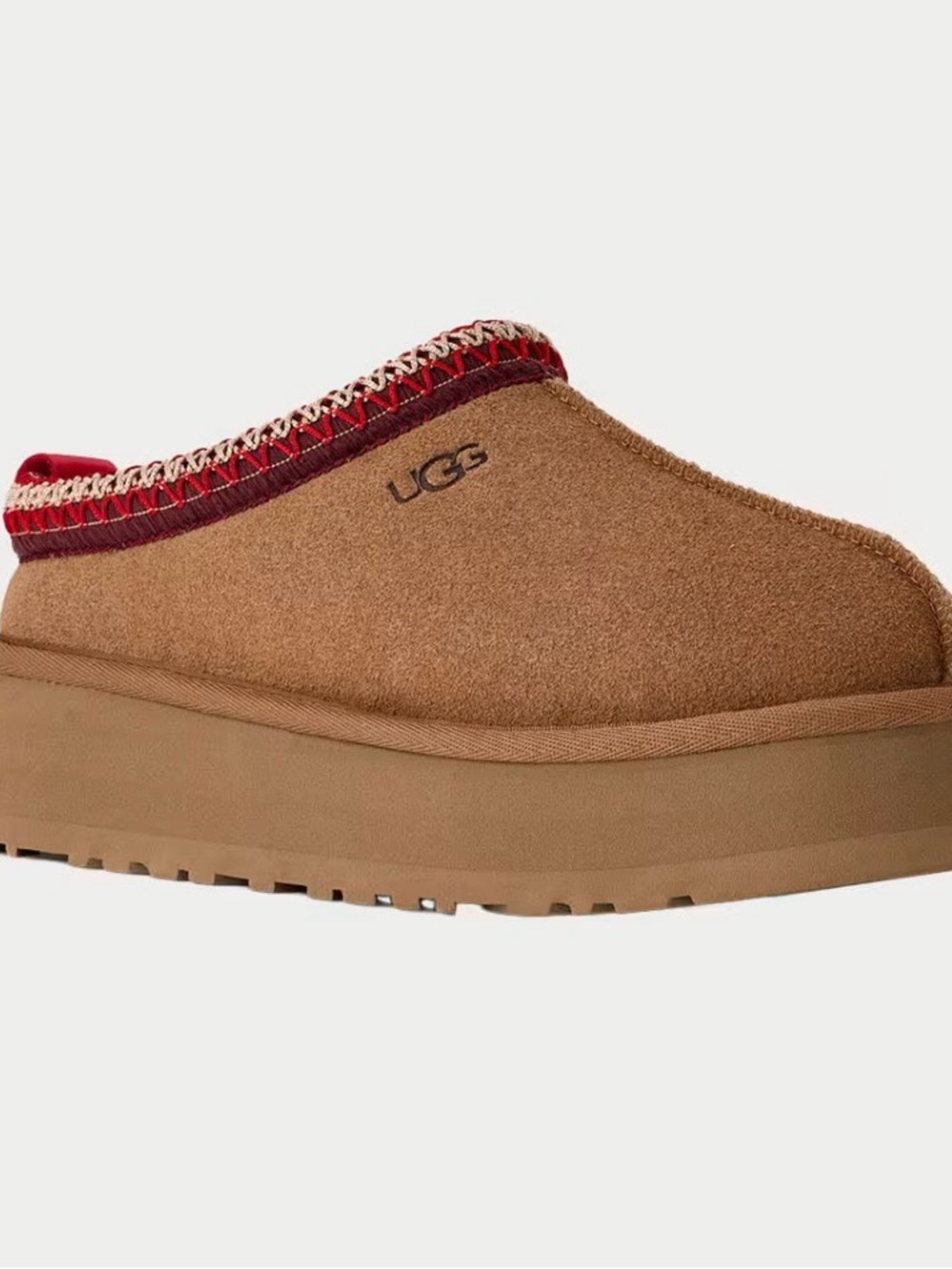UGG Women’s Chestnut Suede Platform Clog with Red Trim